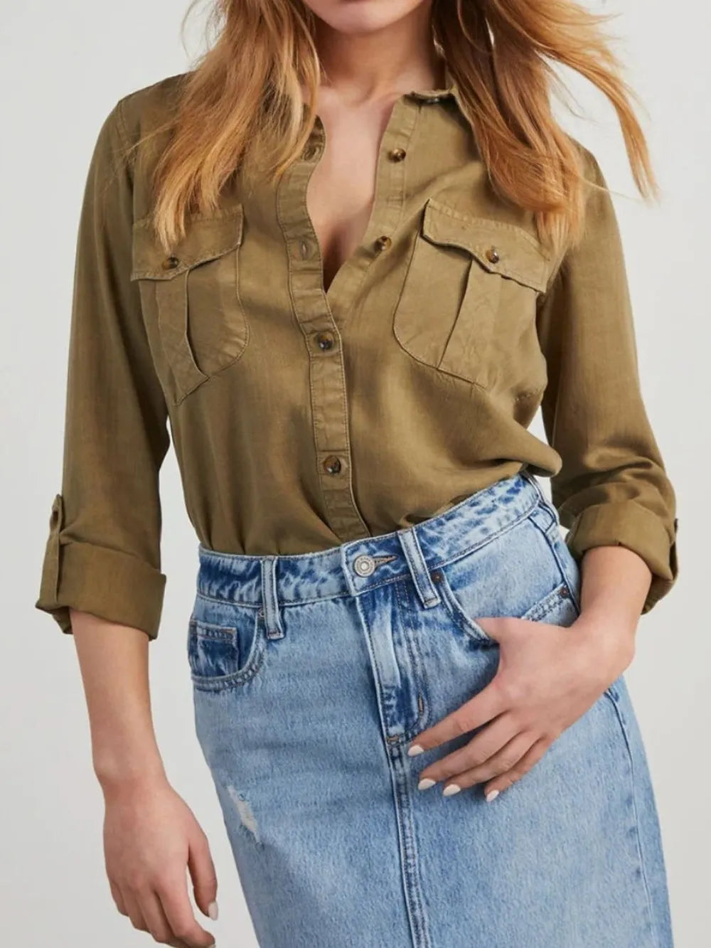Collared Neck Roll-Tab Sleeve Denim Top Carauana Store