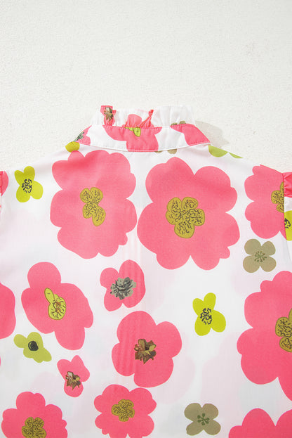 Pink Floral Ruffle Short Sleeve Striped Buttoned Collar Blouse