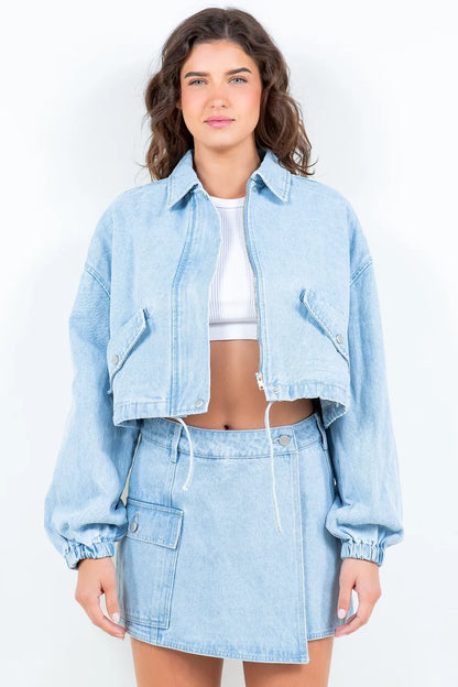 American Bazi Drawstring Waist Crop Denim Jacket Carauana Store