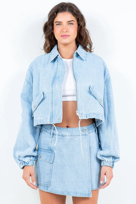 American Bazi Drawstring Waist Crop Denim Jacket Carauana Store