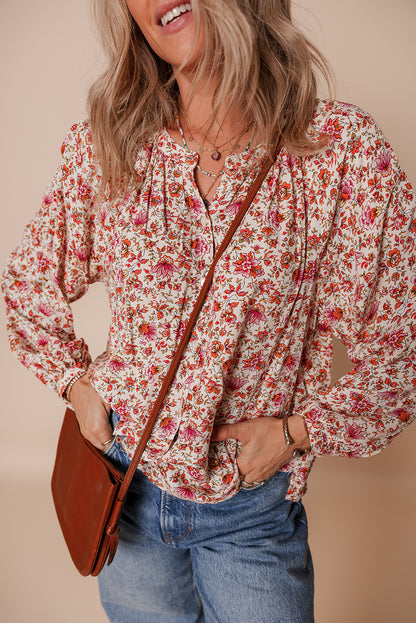 Red Floral Print Pleated Detail Notched Neck Puff Sleeve Blouse