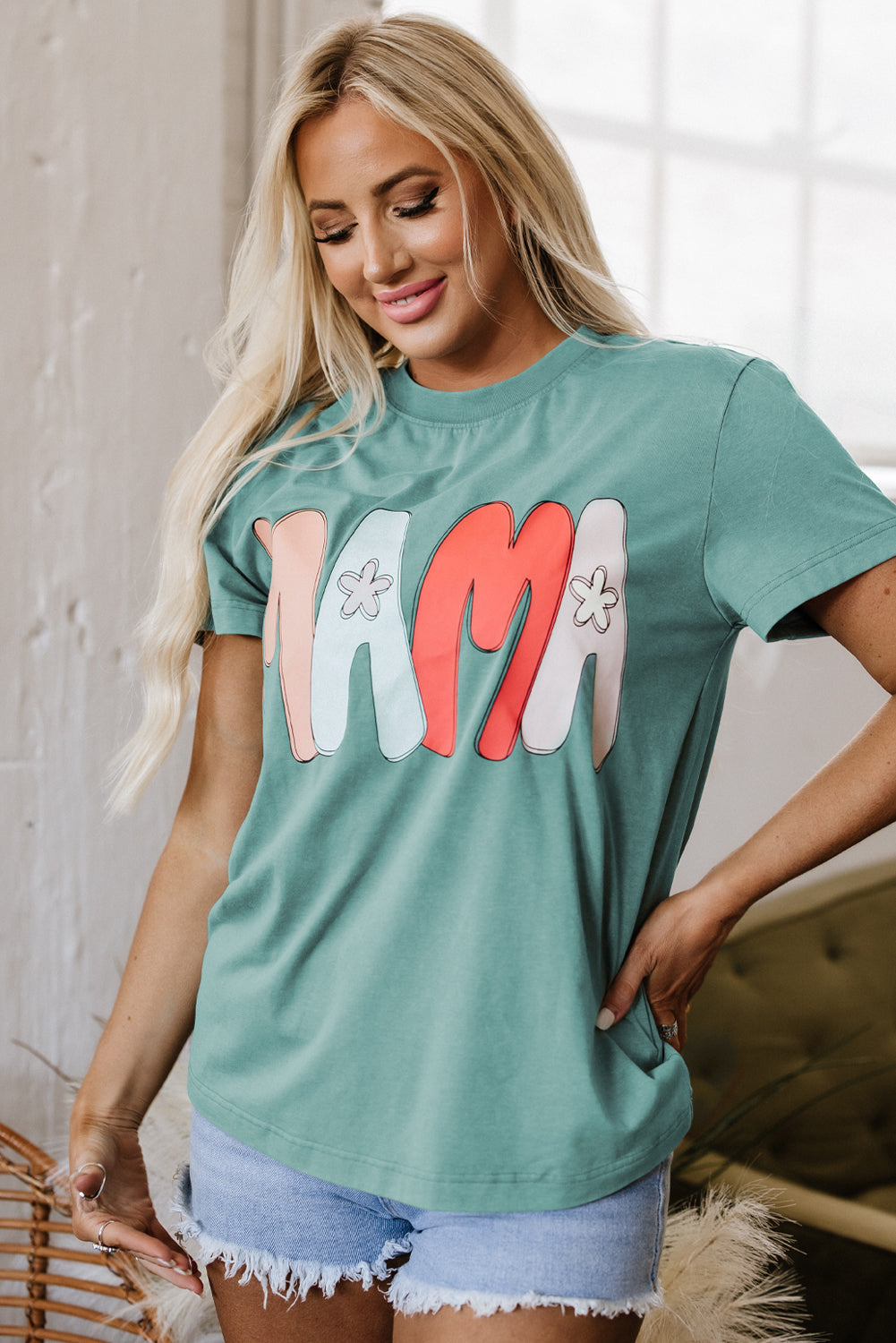 Sea Green MAMA Printed Mineral Wash Crewneck T Shirt