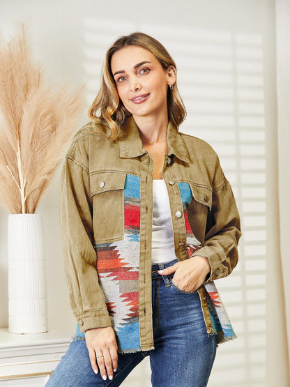 Dropped Shoulder Long Sleeve Printed Denim Jacket Carauana Store