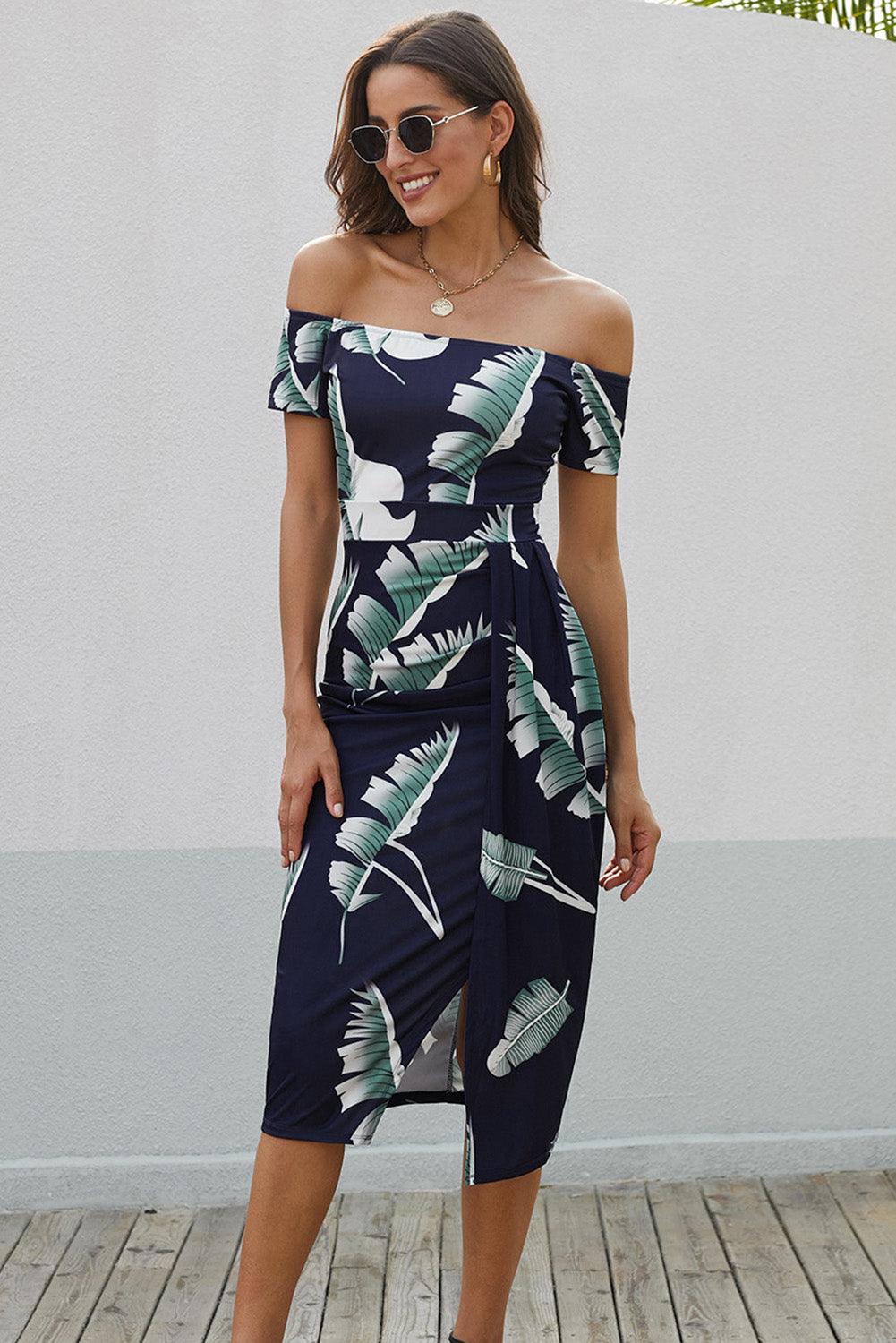 Printed Off-Shoulder Split Dress Carauana Store