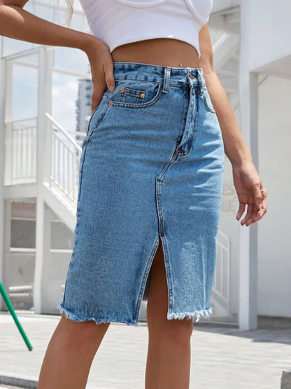 Raw Hem Slit Denim Skirt Carauana Store