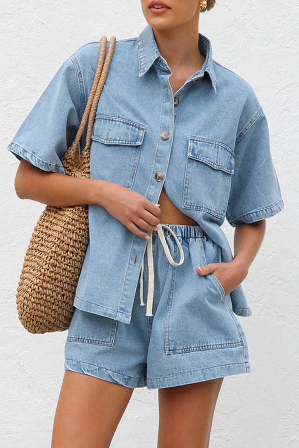 Collared Neck Button Up Top and Shorts Denim Set Carauana Store