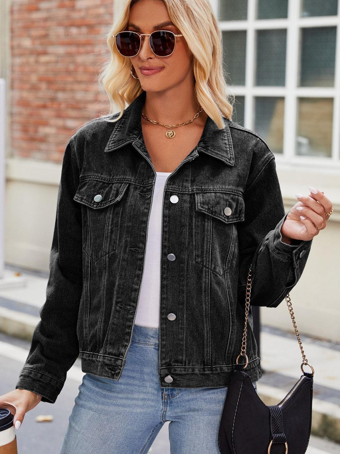 Pocketed Collared Neck Denim Jacket Carauana Store