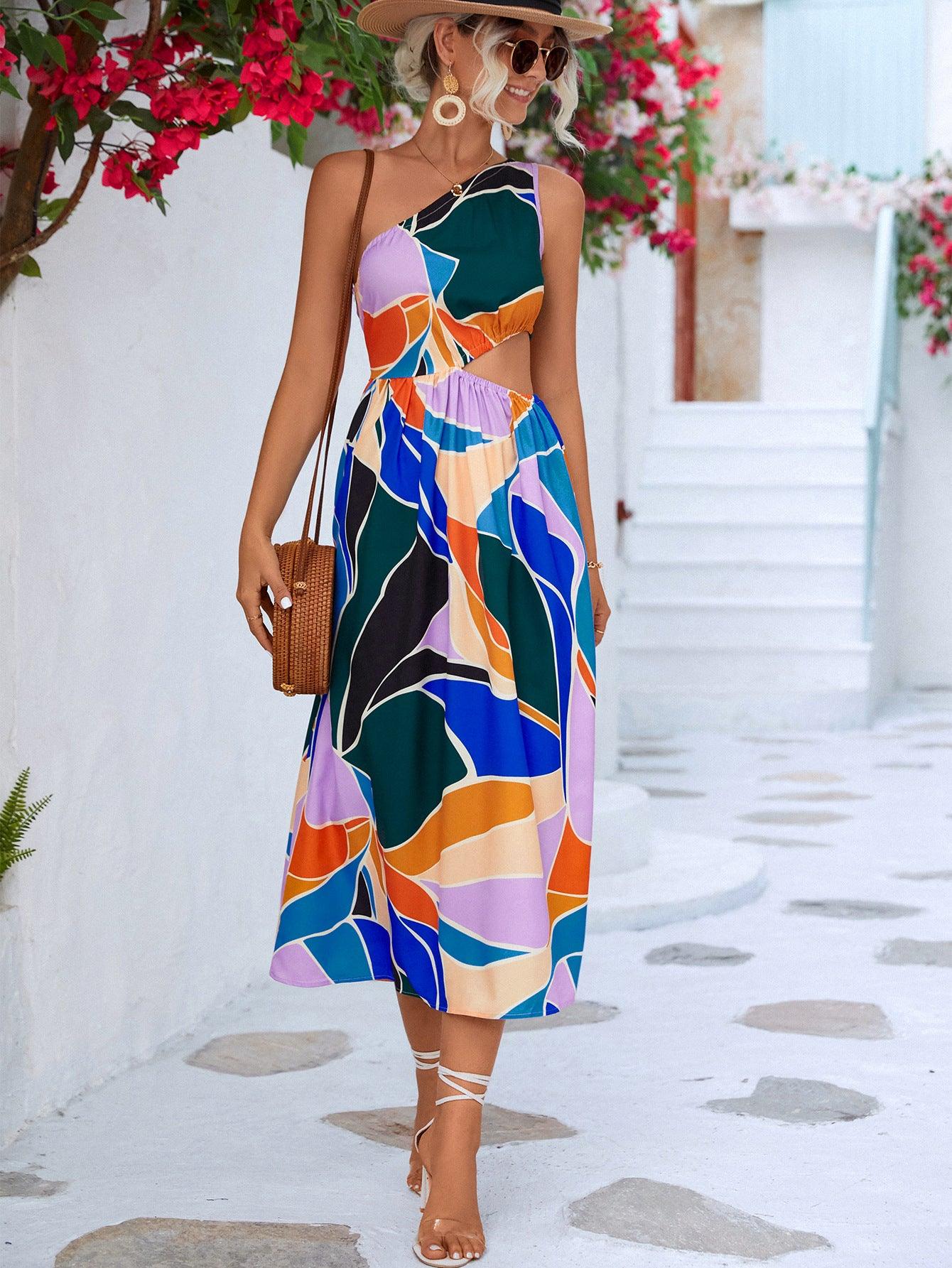 Printed Cutout One-Shoulder Sleeveless Dress Carauana Store