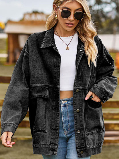 Dropped Shoulder Denim Jacket with Pockets Carauana Store