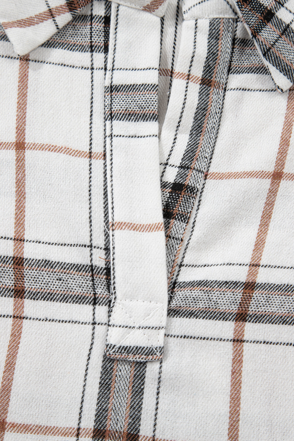 White Plaid Print Collared V Neck Loose Blouse with Side Slits