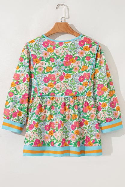 Green Floral Print Striped Trim Tie Neck Puff Sleeve Babydoll Blouse
