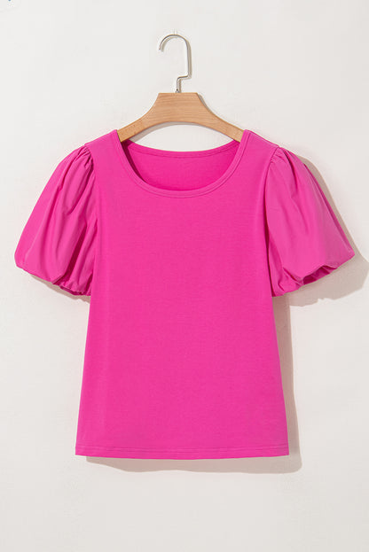 Strawberry Pink Casual Round Neck Bubble Sleeve T-shirt