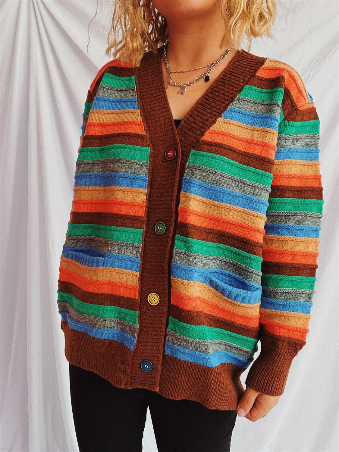 Contrast Stripes Button Up Long Sleeve Cardigan Carauana Store