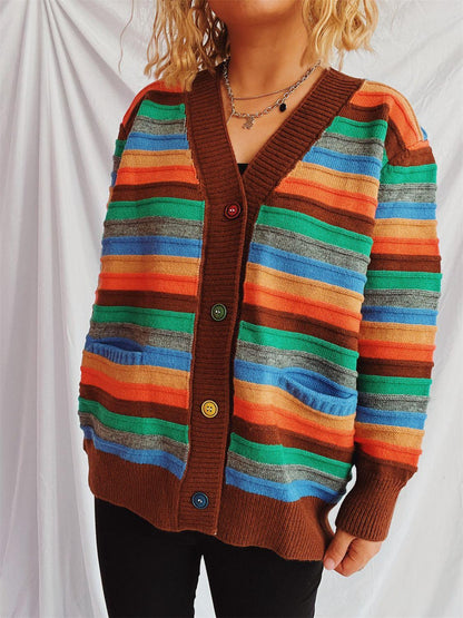 Contrast Stripes Button Up Long Sleeve Cardigan Carauana Store