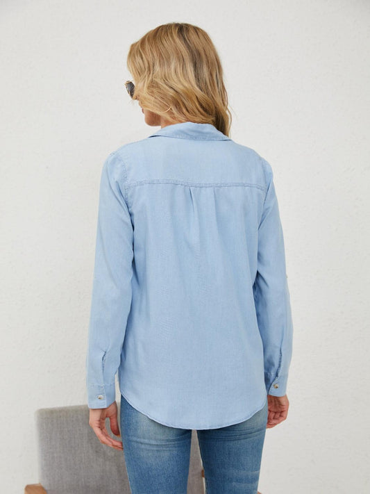 Pocketed Button Up Long Sleeve Denim Shirt Carauana Store