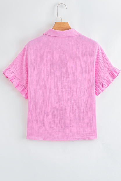 Bonbon Mineral Wash Textured Ruffle Trim Short Sleeve Shirt
