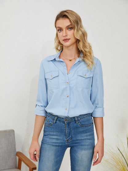 Pocketed Button Up Long Sleeve Denim Shirt Carauana Store