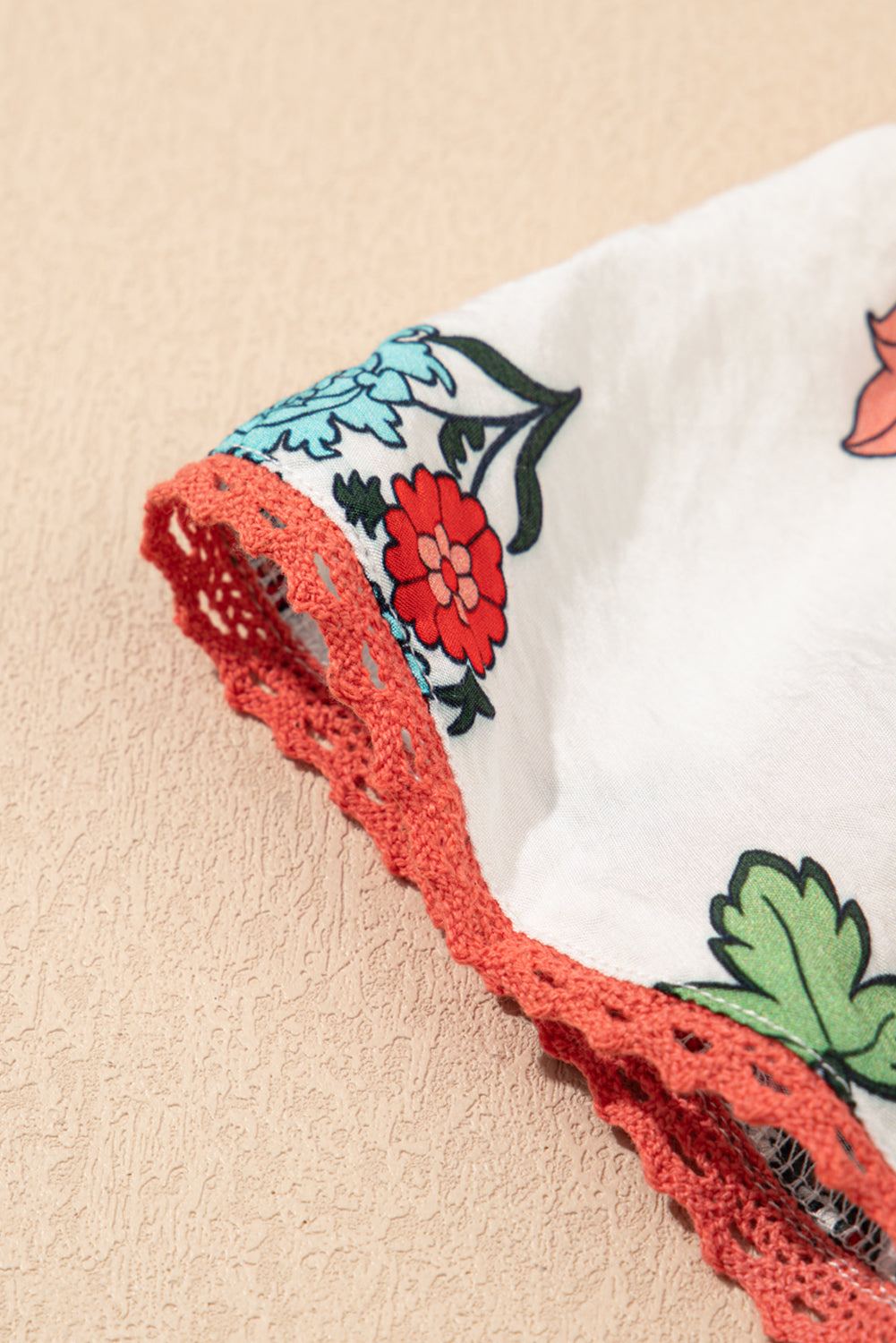 White Floral Print Contrast V Neck Tassel Tie Lace Detail Short Sleeve Blouse