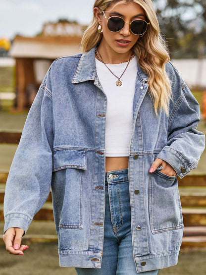 Dropped Shoulder Denim Jacket with Pockets Carauana Store