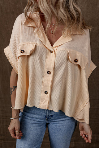 Beige Waffle Splicing Short Batwing Sleeve Flap Detail Shirt