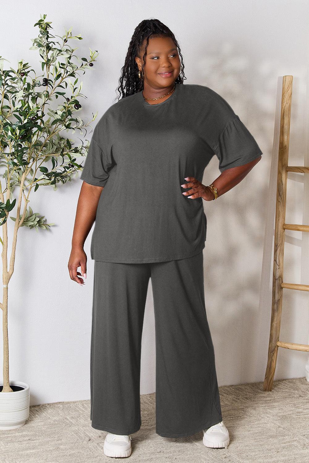 Double Take Full Size Round Neck Slit Top and Pants Set Carauana Store