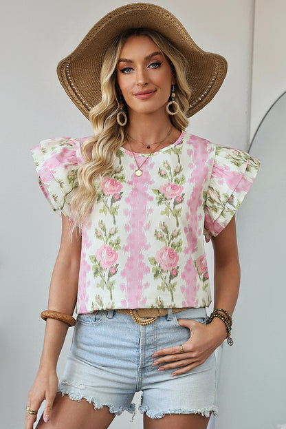 Pink Floral Print Ruffled Sleeve Summer Top
