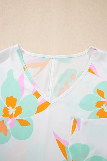 Green Floral Print Loose Fit V Neck Half Sleeve Blouse