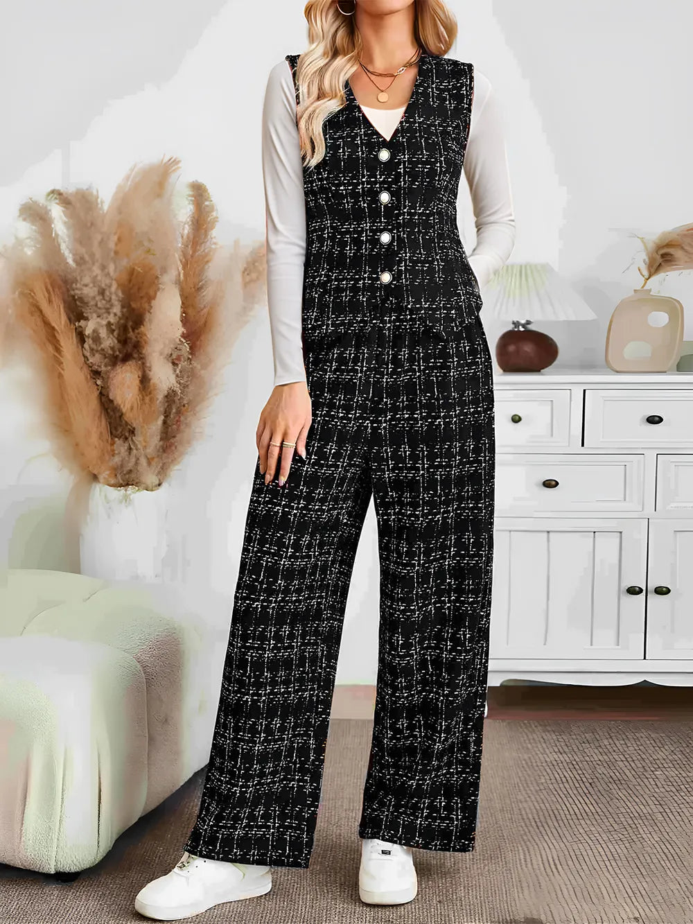 Plaid V-Neck Button Up Vest and Pants Set Carauana Store