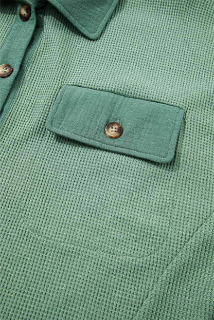 Grass Green Waffle Knit Vintage Patchwork Button Up Loose Shirt