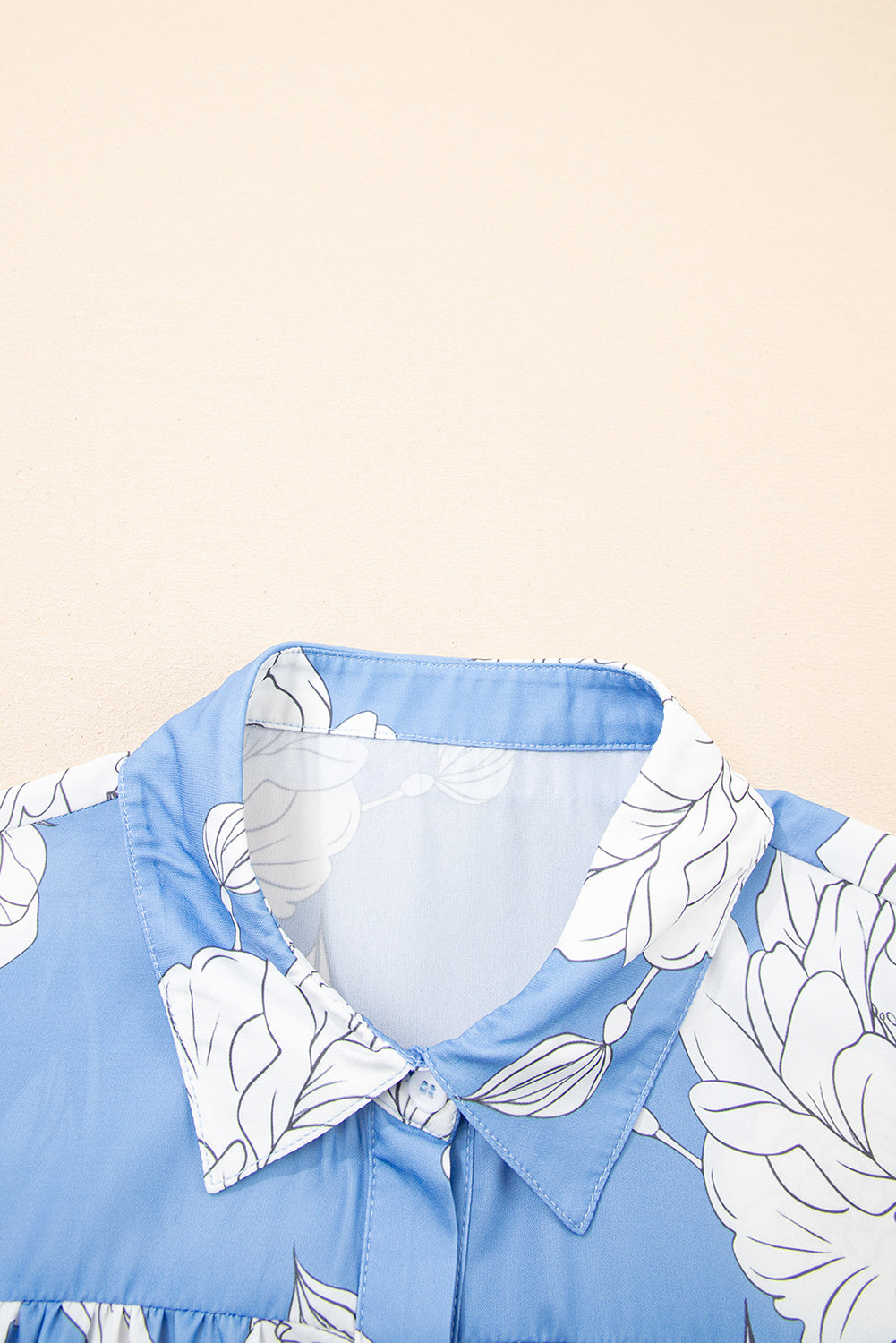 Sky Blue Floral Print Button Up Pleated Detail Puff Sleeve Shirt
