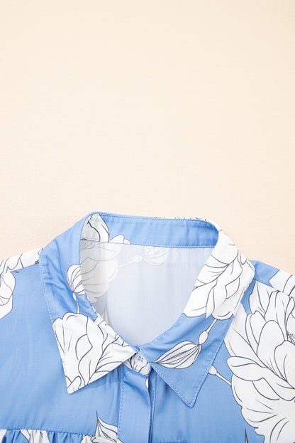 Sky Blue Floral Print Button Up Pleated Detail Puff Sleeve Shirt