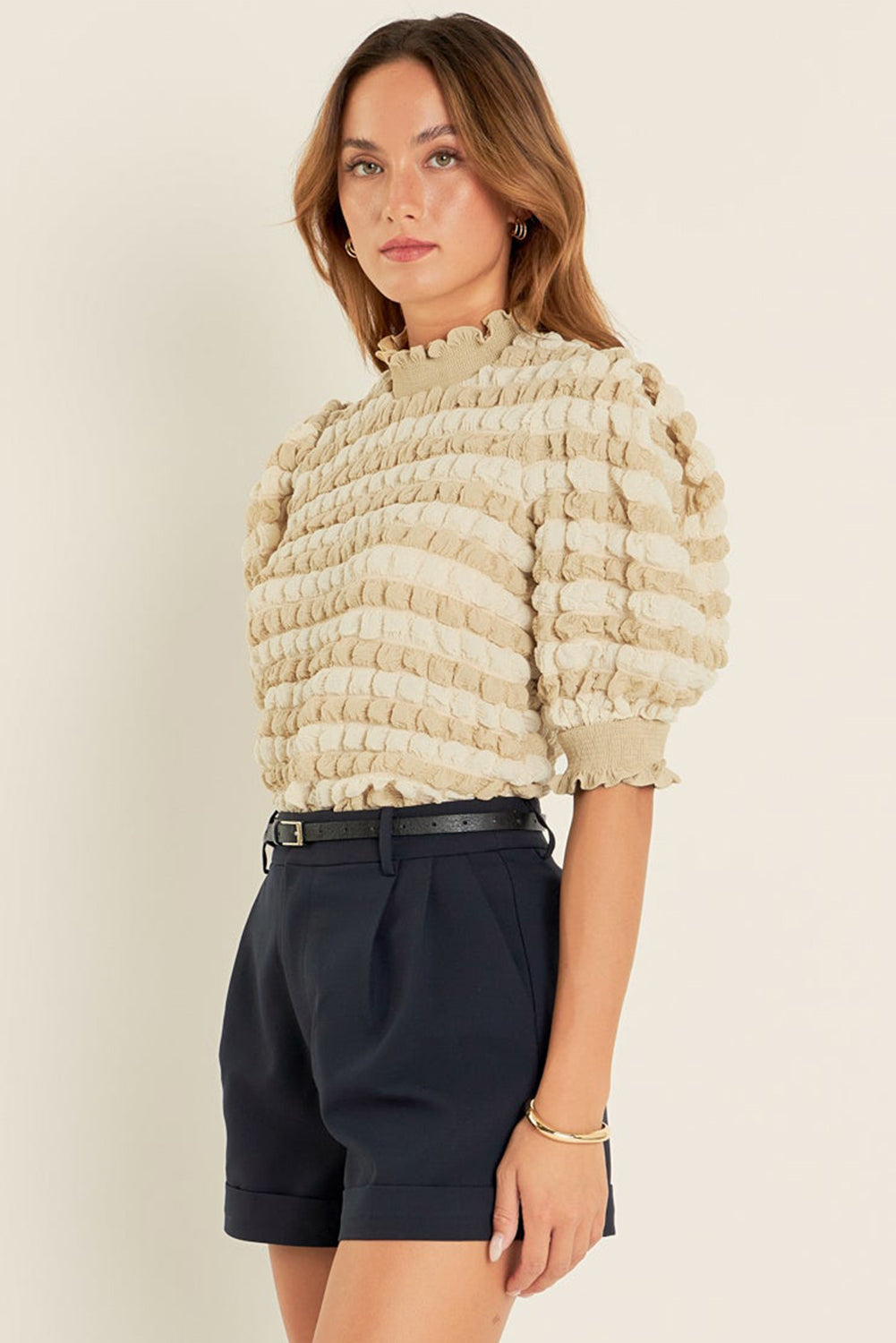 Beige Textured Mock Neck Short Sleeve Blouse