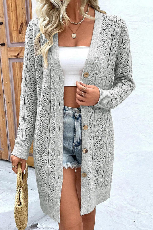 Openwork Button Down Long Sleeve Cardigan Carauana Store