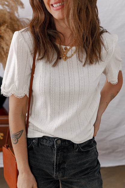 White Scalloped Lace Trim Jacquard Textured T Shirt