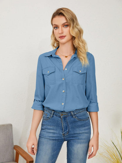 Pocketed Button Up Long Sleeve Denim Shirt Carauana Store
