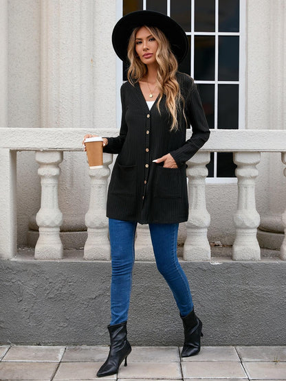 Ribbed Button Down V-Neck Long Sleeve Cardigan Carauana Store