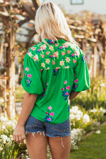 Green Floral Detail Tie Split Neck Short Sleeve Blouse