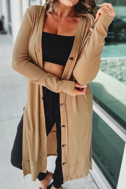 Button Up High-Low Long Sleeve Slit Cardigan Carauana Store