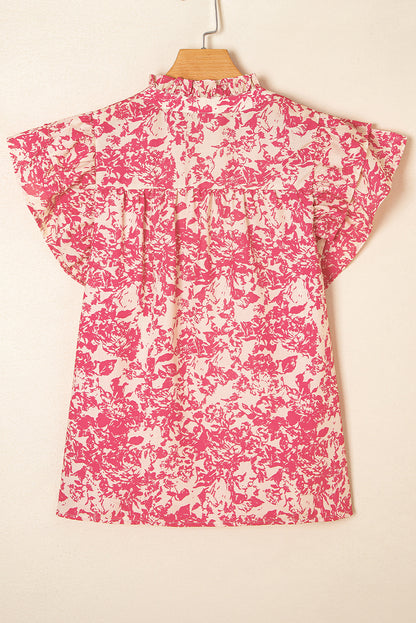 Rose Allover Printed Half Button Neck Ruffle Sleeve Blouse