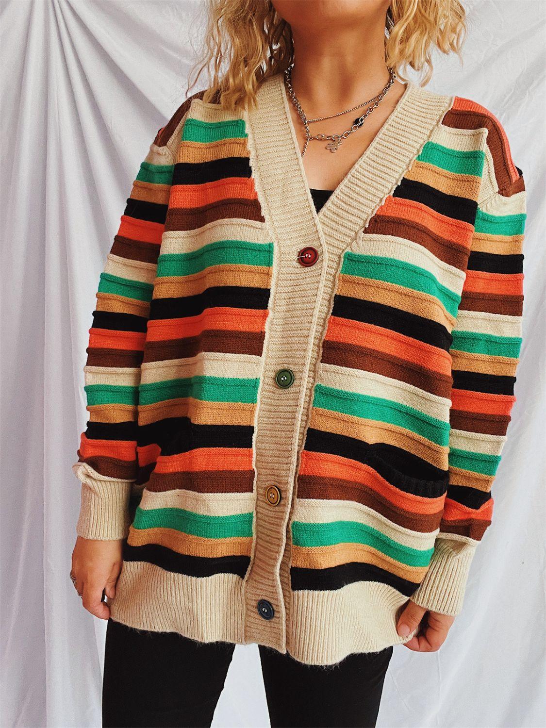 Contrast Stripes Button Up Long Sleeve Cardigan Carauana Store