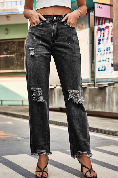 Distressed Buttoned Loose Fit Jeans Carauana Store