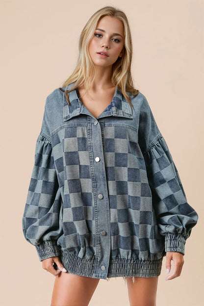 Double Take Checkered Button Up Denim Jacket Carauana Store