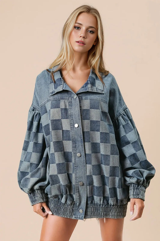 Double Take Checkered Button Up Denim Jacket Carauana Store