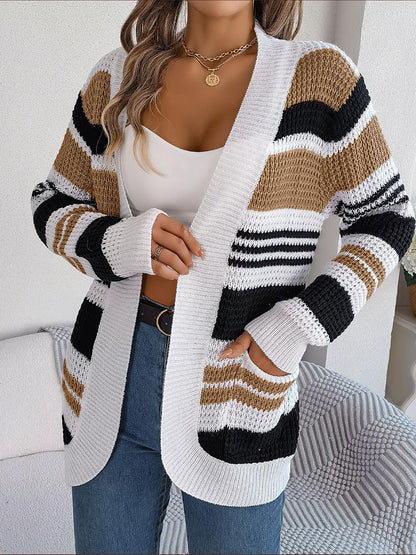 Striped Open Front Long Sleeve Cardigan Carauana Store
