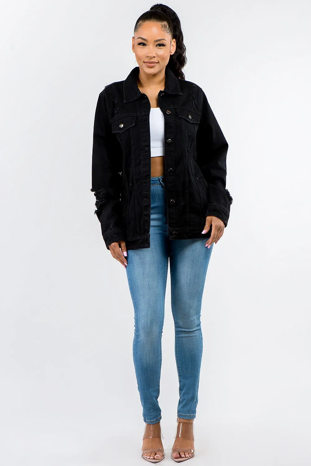 American Bazi Full Size Button Up Distressed Denim Jacket Carauana Store