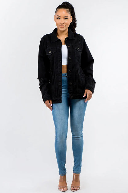 American Bazi Full Size Button Up Distressed Denim Jacket Carauana Store