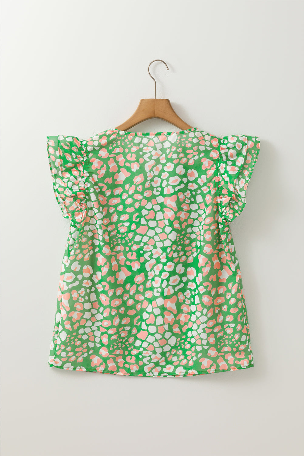 Green Abstract Leopard Tied Front Flutter Sleeve Blouse