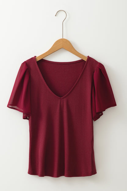 Red Dahlia Mesh Ruffled Sleeve Slim Fit V Neck Top