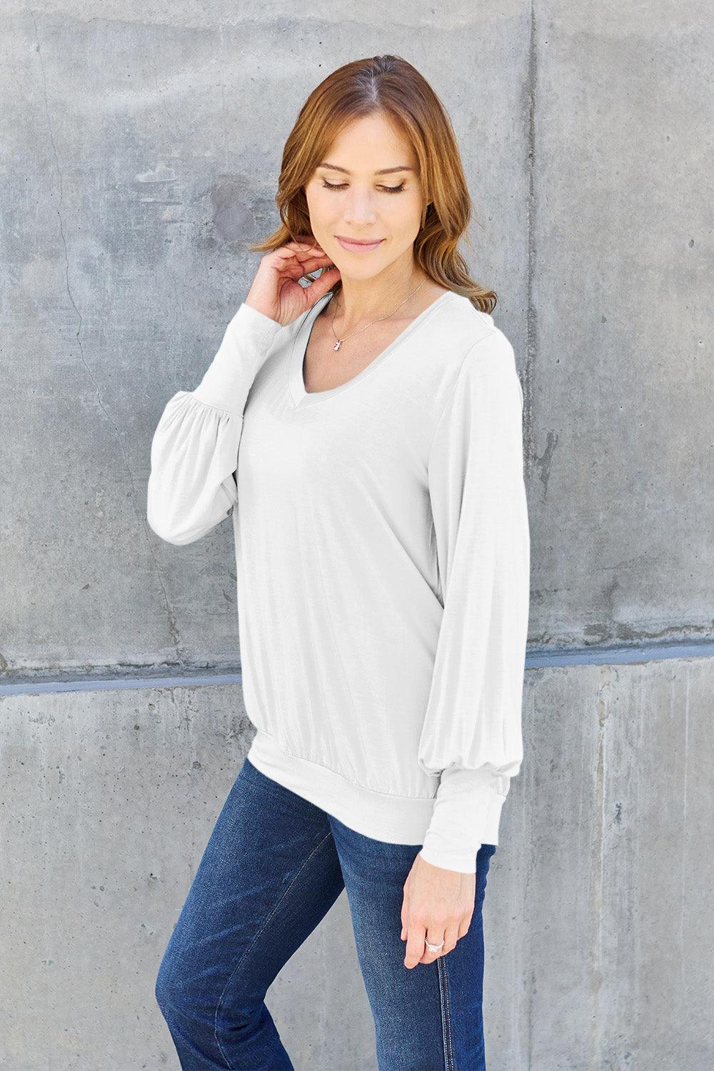 Basic Bae Full Size V-Neck Lantern Sleeve Blouse Carauana Store