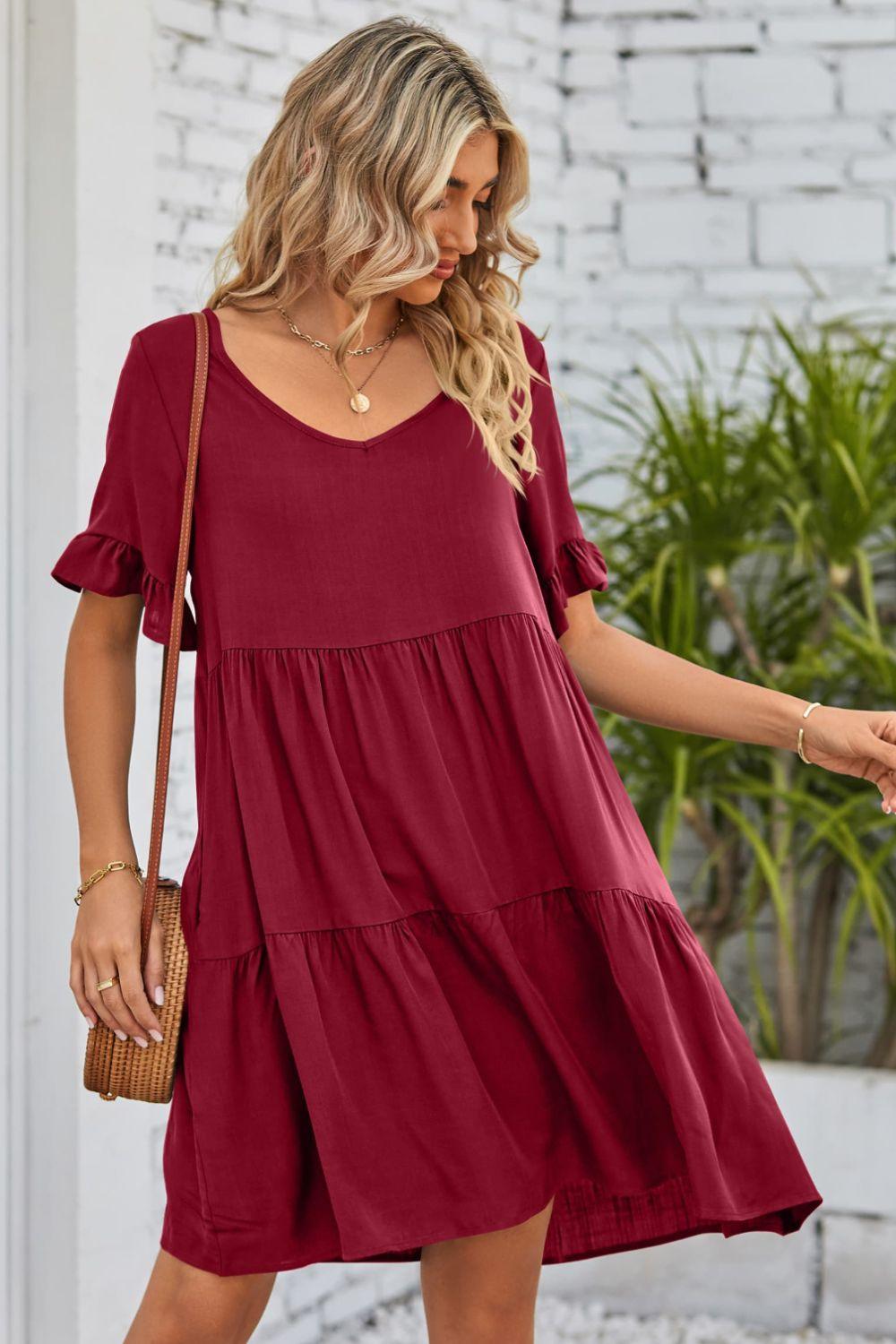 V-Neck Flounce Sleeve Tiered Dress Carauana Store